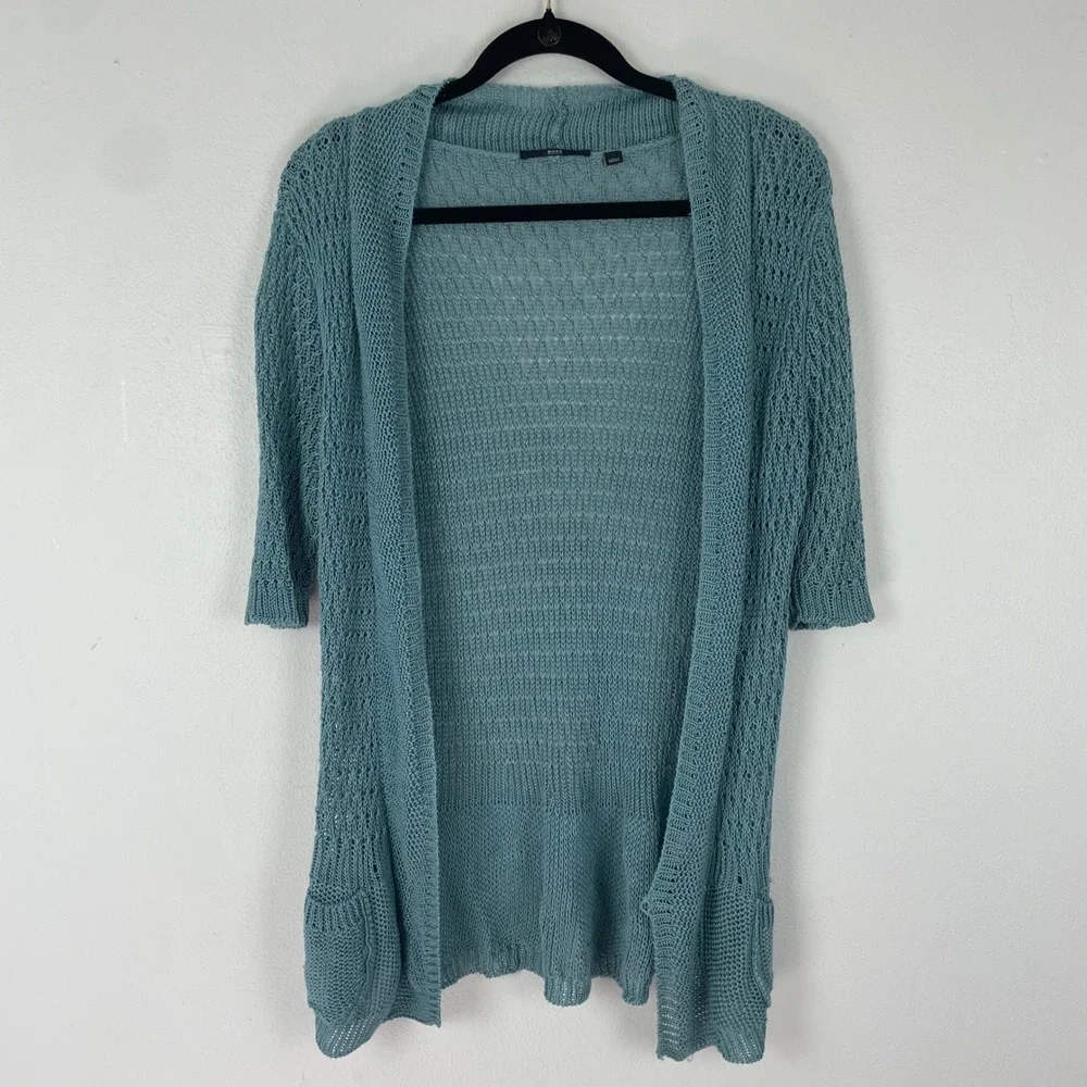 BOSS Hugo Boss Knit Cardigan Sweater Women's Small‎ Blue Open Front 100% Linen